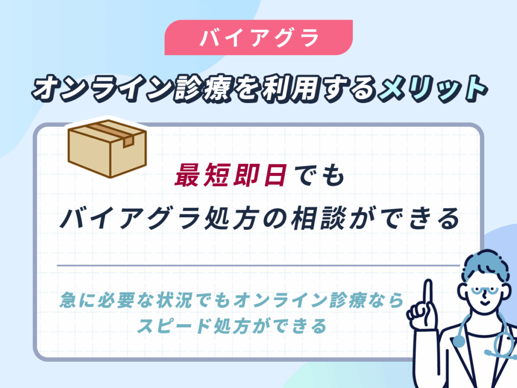 バイアグラ通販を利用するメリットや良い口コミ・評判③:最短即日・当日処方もしてもらえるスピード感